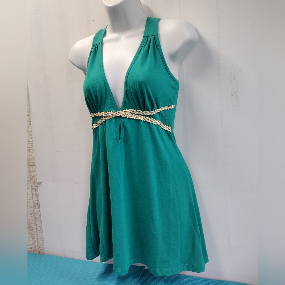 NWT Deep V-Neck Teal Green Tunic Criss Cross back Relaxed Fit Top Size S